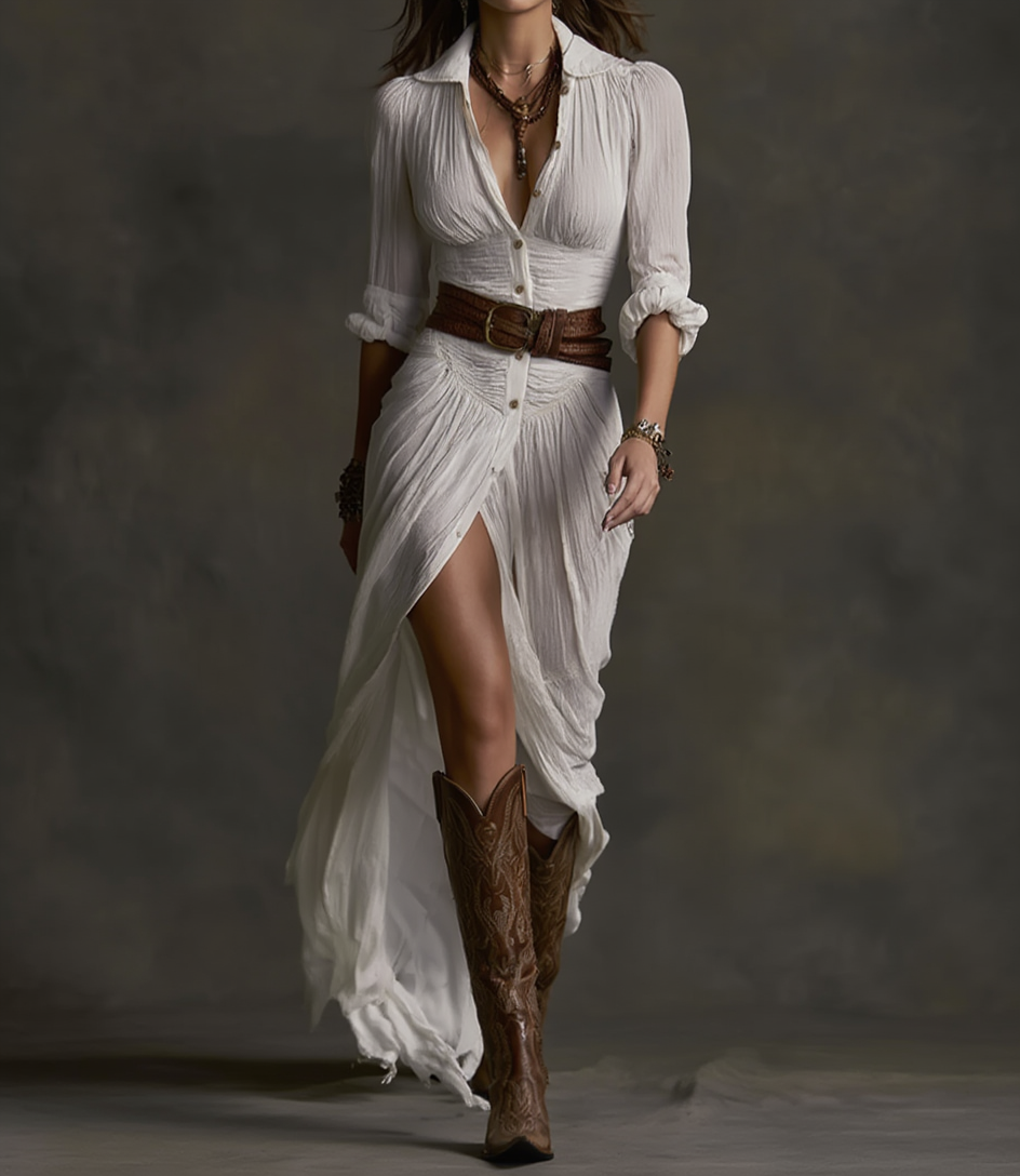 Aurora | Lang Linned Kjole med Omvendt Krave