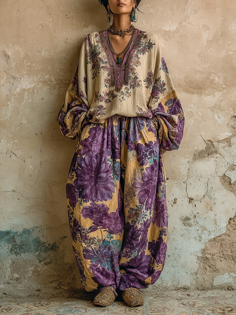 Sæt med Løs Top med V-Udskæring og Bredbenede Bukser med Boheme Blomsterprint