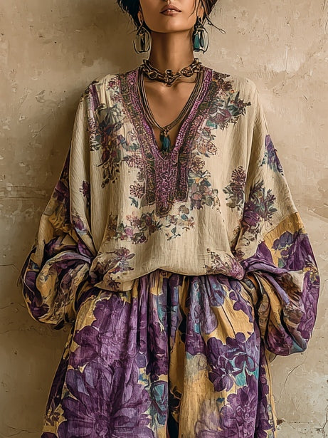 Sæt med Løs Top med V-Udskæring og Bredbenede Bukser med Boheme Blomsterprint